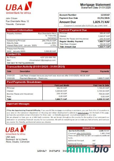 Kamerun Bank UBA wyciąg z kredytu hipotecznego szablon Word i PDF